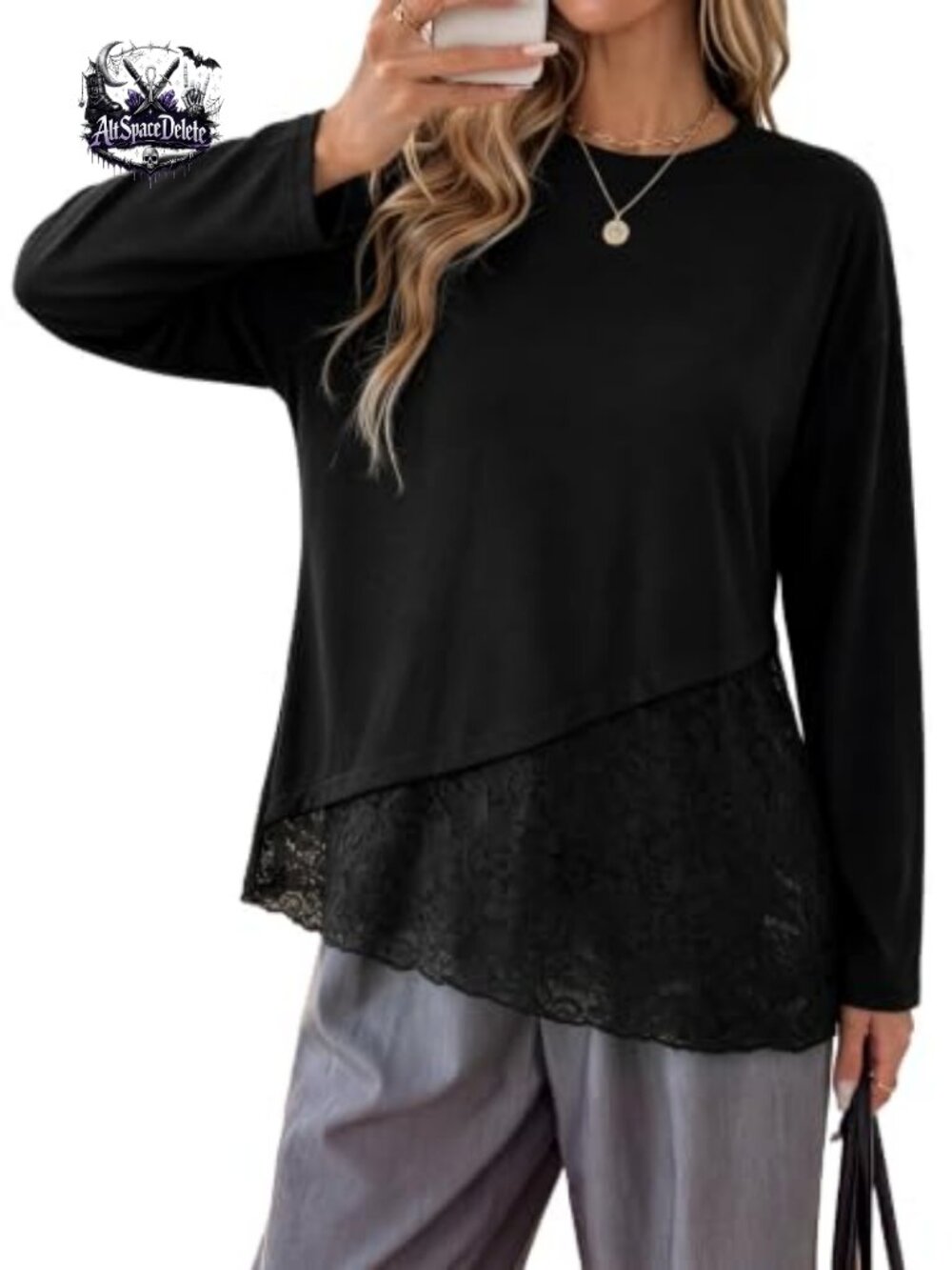 Womens Long Sleeve Lace Patchwork Top Asymmetric Crew Neck Relaxed Fit Shirt
